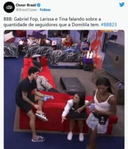 Gabriel Fop, Tina e Larissa debocham de Domitila no BBB23 (Foto: Reprodução / Twitter) Gabriel Fop, Tina e Larissa debocham de Domitila no BBB23 (Foto: Reprodução / Twitter)