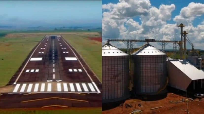 Aeroporto particular com pista de pouso e galpões de secagem de grãos (Fotos: Reprodução/ YouTube/ Montagem) Aeroporto particular com pista de pouso e galpões de secagem de grãos (Fotos: Reprodução/ YouTube/ Montagem)